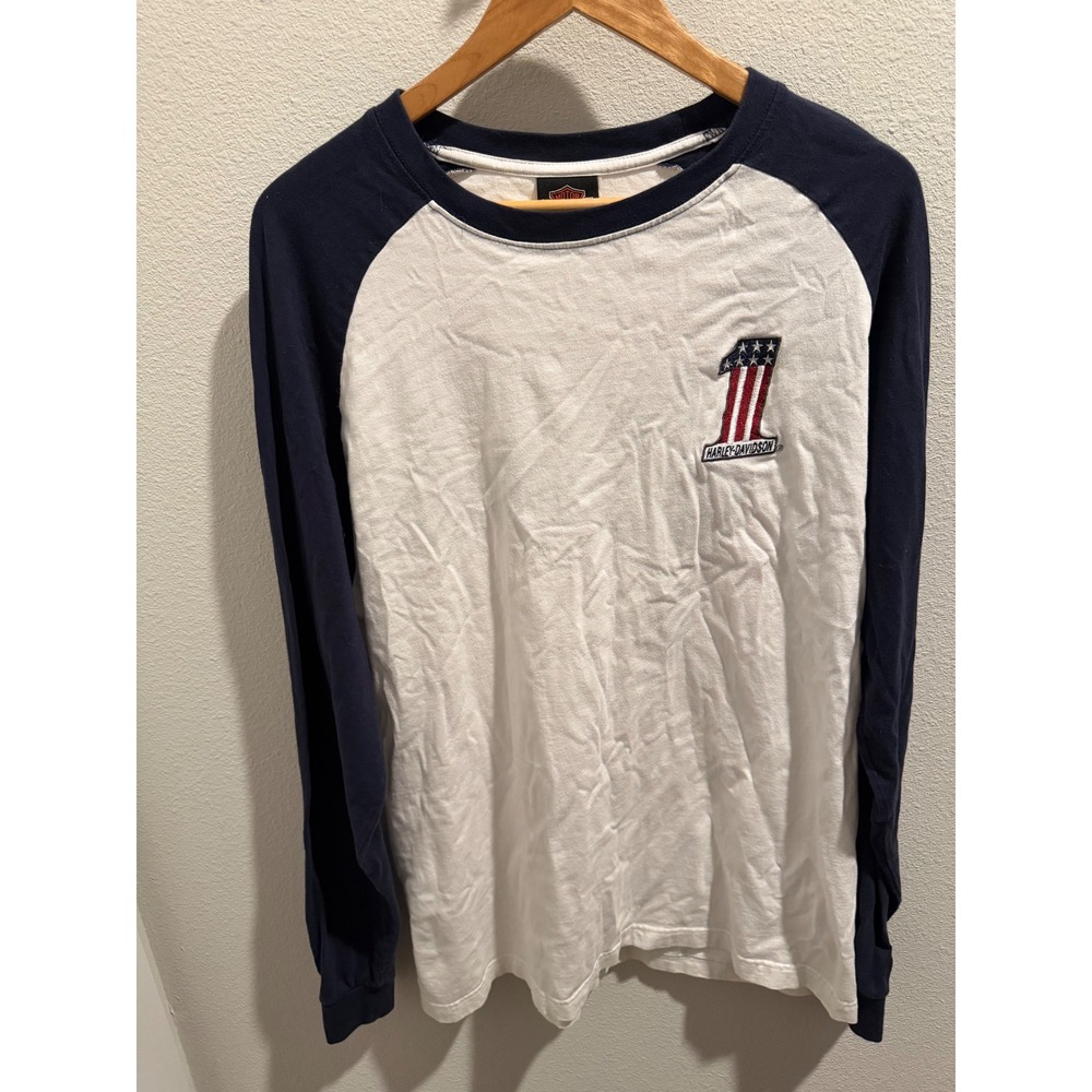 Harley Davidson Mens Long Sleeve Raglan Shirt White Navy Blue Embroidered Logo